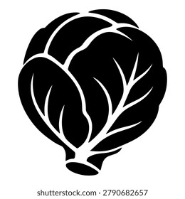 Lettuce black silhouette icon with leafy layers, white cutout veins and bold vegetable shape, isolated on white background for stickers, labels, packaging, menus and healthy food designs.