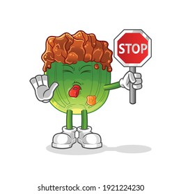 lettuce with bulgogi sauce holding stop sign cartoon. cartoon mascot vector
