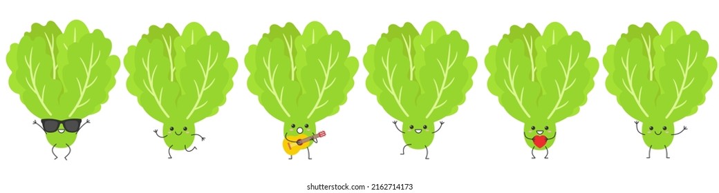 Lettuce cute character cartoon leaves green salad set greeting jumping loves sings running smiling face happy joy emotions icon vector illustration.