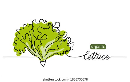 Lettuce, Green Leaves, Bunch Of Salad Vector Illustration, Background. One Line Drawing Art Illustration With Lettering Organic Lettuce.