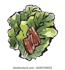 Lettuce and grilled meat. Hand drawn illustration.