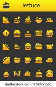 conjunto de iconos de lechuga. 26 iconos de lechuga rellenos.  Iconos modernos sencillos como: Sándwich, ensalada, hamburguesa, taco, lechuga, hamburguesa, tacos