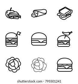 Lettuce icons. set of 9 editable outline lettuce icons such as cabbage, wrap sandwich, sandwich, double burger with flag, burger with pepper, cheeseburger