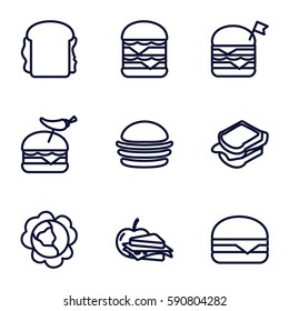 lettuce icons set. Set of 9 lettuce outline icons such as cabbage, burger, sandwich, double burger with flag, burger with pepper