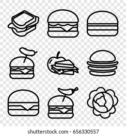 Lettuce icons set. set of 9 lettuce outline icons such as cabbage, burger, sandwich, burger with pepper, burger with sausage, cheeseburger