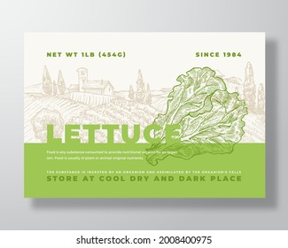 Lettuce Label Template. Abstract Vector Packaging Design Layout. Modern Typography Banner with Hand Drawn Salad Leaves and Rural Landscape Background. Isolated.