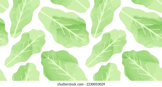 Lettuce leaf vegetable watercolor drawing seamless pattern. Natural organic cooking ingredient background for restaurant, food recipe or healthy eating concept.