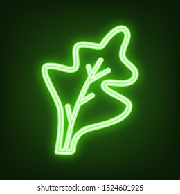 Lettuce leave sign. Green neon icon in the dark. Blurred lightening. Illustration.