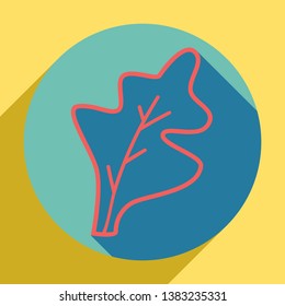 Lettuce leave sign. Sunset orange icon with llapis lazuli shadow inside medium aquamarine circle with different goldenrod shadow at royal yellow background.