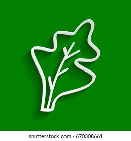 Lettuce leave sign. Vector. Paper whitish icon with soft shadow on green background.