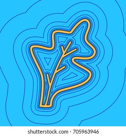 Lettuce leave sign. Vector. Sand color icon with black contour and equidistant blue contours like field at sky blue background. Like waves on map - island in ocean or sea.