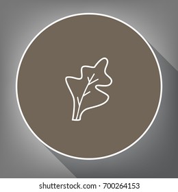 Lettuce leave sign. Vector. White icon on brown circle with white contour and long shadow at gray background. Like top view on postament.