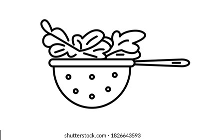 Lettuce leaves in a colander. Vector outline icon. Isolated on white.