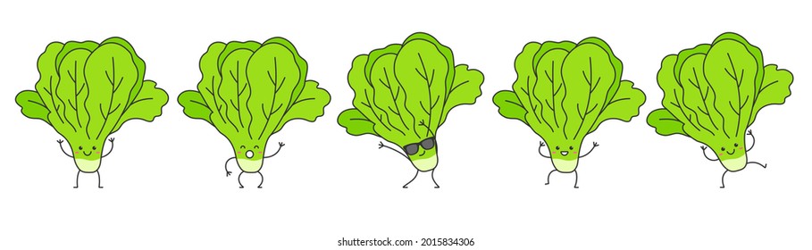 Lettuce leaves green salad character cartoon dancing happy emotions set icon logo vector illustration.