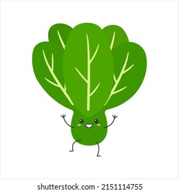 Lettuce leaves green salad cute character cartoon greeting smiling face happy joy emotions vector illustration.