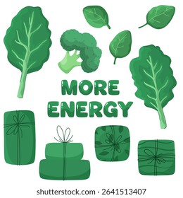 Lettuce leaves, more energy, broccoli, green boxes, healthy food.