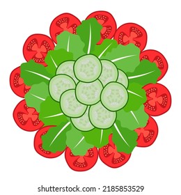 Lettuce leaves, tomato and cucumbers slices on a serving platter. Vector illustration