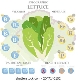 Lettuce nutrition facts and health benefits infographic. Health benefits of lettuce