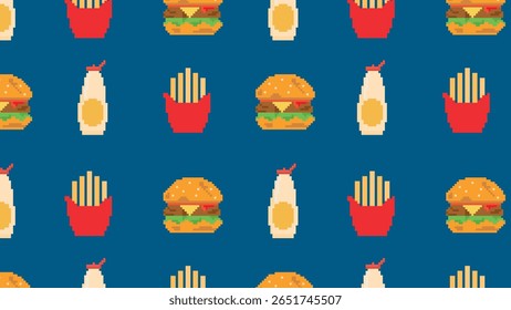 Lettuce, onion rings, and dipping sauce in retro pixel style over a bright orange-red grid, evoking a fun and fresh snack or salad vibe.