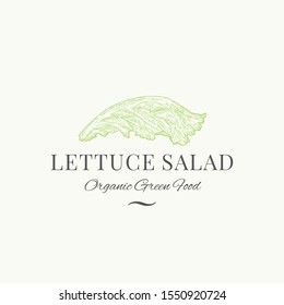 Lettuce Salad Abstract Vector Sign, Symbol or Logo Template. Premium Vegetable or Green Food Emblem. Hand Drawn Salad Leaf Sketch Illustration with Classy Retro Typography. Isolated.