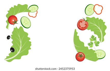 Lettuce salad. Background. Iceberg lettuce, cherry tomatoes, slices of cucumber, sweet pepper, olives, parsley sprig. Healthy eating. Organic food. Flat design.