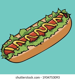 Lettuce and sausage and mustard hot dog