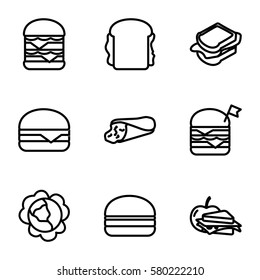 lettuce vector icons. Set of 9 lettuce outline icons such as cabbage, wrap sandwich, sandwich, double burger with flag, double burger, cheeseburger, burger