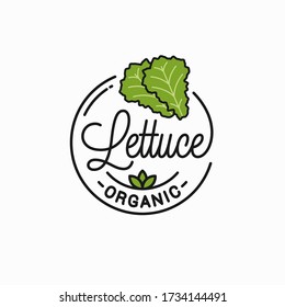 Logo de lechuga vegetal. Logotipo lineal redondo de la hoja de lechuga verde sobre fondo blanco