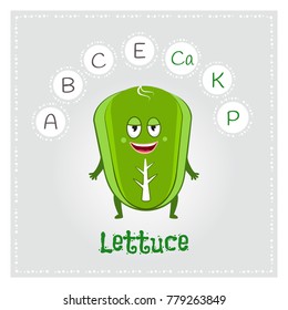 Lettuce vegetable vitamins and minerals. Funny vegetable character. Healthy food illustration