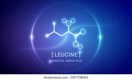 Leucine, Amino Acid Chemical Structure, Organic Compound, Molecule, Chemistry, Biology, Medical, Nutrition Futuristic Hologram Neon Glow Bright Translucent Backdrop Background Illustration