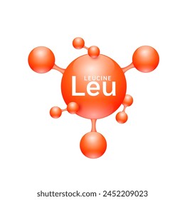 Leucine amino acid. Molecules that combine to form proteins nutrients necessary for health muscle. Biomolecules model 3D red for ads dietary supplements. Medical scientific concepts. Vector.