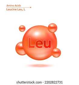 Leucine (Leu) amino acid capsules vitamins complex minerals. 3D Model of molecule orange isolated on white background. For food supplement ad package design. Science medic concept. Vector EPS10.