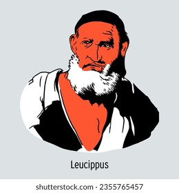 Leucippus a pre-Socratic Greek philosopher who has been credited as the first philosopher to develop a theory of atomism. Hand drawn vector illustration