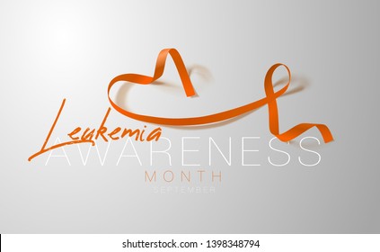 Leukemia Awareness Calligraphy Poster Design. Realistic Orange Ribbon. September is Cancer Awareness Month. Vector Illustration