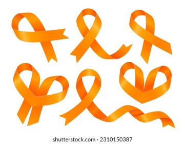 Leukemia Awareness Month. Big set of orange ribbons. Vector flat illustration isolated on white. 