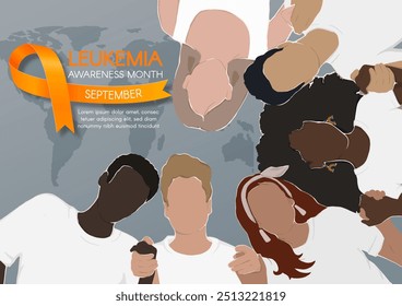 Mes de Concienciación sobre la Leucemia. Anuncio Horizontal con una cinta naranja, espacio para texto y gente diversa tomada de la mano. Ilustración plana de Vector.