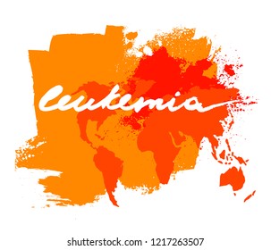 Leukemia lettering with world map image. Vector illustration in orange and red colors with hand drawn letters isolated on a white background. Leucaemia disease awareness concept. Fight blood cancer