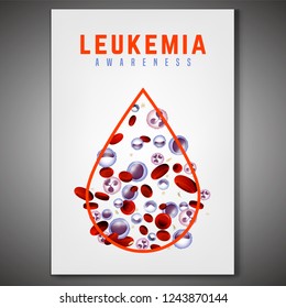 Leukemia vertical poster in bright colors. White and red blood cells in realistic style. Leukaemia disease awareness. Editable vector illustration. Medical, scientific and healthcare concept.
