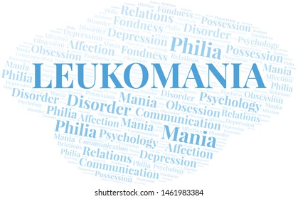 Leukomania word cloud. Type of mania, made with text only.