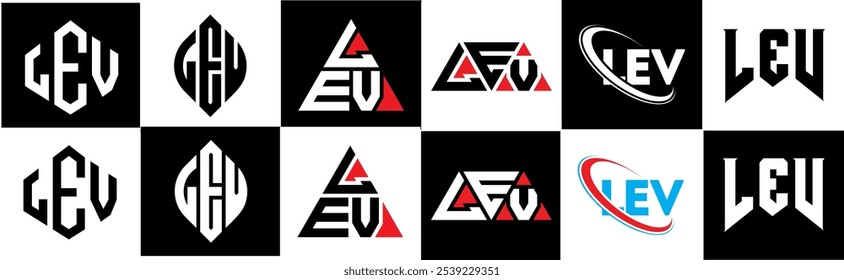 LEV letter logo design in six style. LEV polygon, circle, triangle, hexagon, flat and simple style with black and white color variation letter logo set in one artboard. LEV minimalist and classic logo