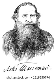 Lev Nikolayevich Tolstoy (1828-1910) portrait in line art illustration. He was Russian classical novelist, short-story writer, philosopher and social theoretician.