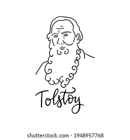 Lev Nikolajewitsch Tolstoi lineares Skizzenporträt einzeln auf weißem Hintergrund für Drucke, Grußkarten und Design-Elemente. Vektorgrafik mit handgezeichnetem Text.