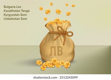 Lev or Som Gold Coins Falling in Sack of Bag. Realistic 3D gold coins. Vector Illustration Concept for Savings, Casino, Fortune, Profit etc.