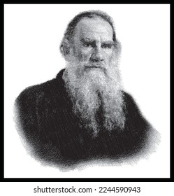 Lev Nikolayeviç Tolstoy retrato de la pluma de Bust. Escritor ruso. Afiche, Decoración de Paredes, Postales, Banner De Medios Sociales, Fondo De Diseño De Portadas De Folletos. Patrón vectorial.