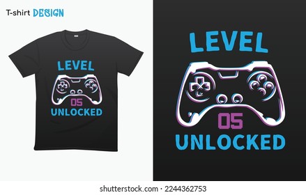 "Level 05 Unlocked" Retro vintage controller design. Funny birthday gaming style, t-shirt. T-shirt mock up vector. Eps 10 vector