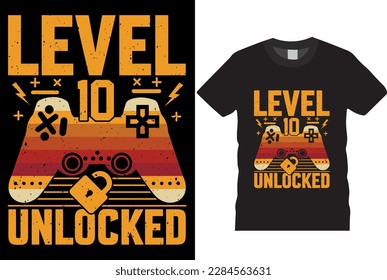 Level 10 unverschlossene Vector Joysticks Gaming-Controller-Slogan Texte glitzernden Typografie-Vektorgrafiken Video-Spiel T-Shirt Designs. gepad apparel trendy quotes grafische Konsolen t-shirts Design-Vorlagen.