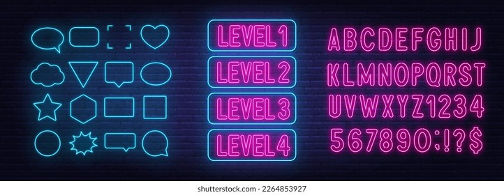 Level 1,2,3,4 neon sign on brick wall background.