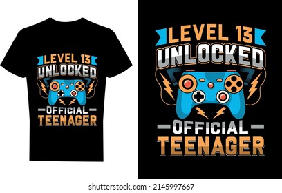 Level 13 Unlocked official teenager t-shirt design, funny gamer t-shirt design, game lover t-shirt design