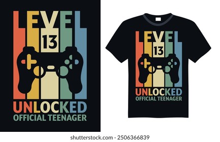 Video Nivel 13 desbloqueado adolescente oficial - Gamer T Shirt Design, dibujado a mano ilustración vintage con letras de la mano y Elementos de decoración, Anuncio, volante y taza, póster, EPS