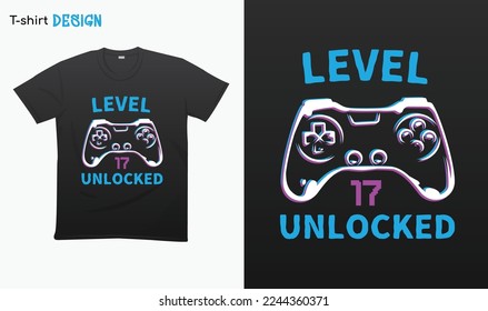 "Level 17 Unlocked" Retro vintage controller design. Funny birthday gaming style, t-shirt. T-shirt mock up vector. Eps 10 vector